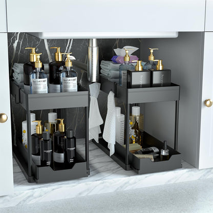 under Sink Storage 2 Pack, 2 Tier Sliding Organiser, Multi-Purpose Shelf Organiser, Pull Out Cabinet Basket Drawer (Black)