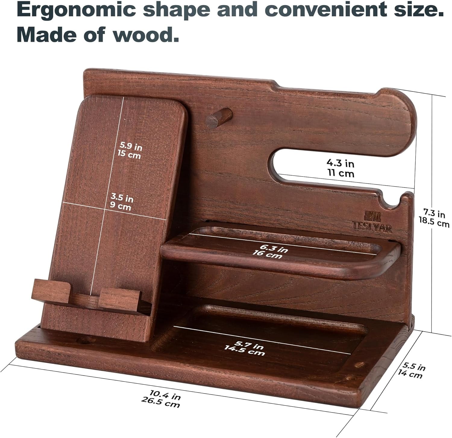 Gifts for Men Wood Phone Docking Station – Solid Ash Nightstand Organizer with Key Holder, Wallet &amp; Watch Stand, Wooden Desk Organizer for Husband Boyfriend Dad Birthday Gift (Brown)