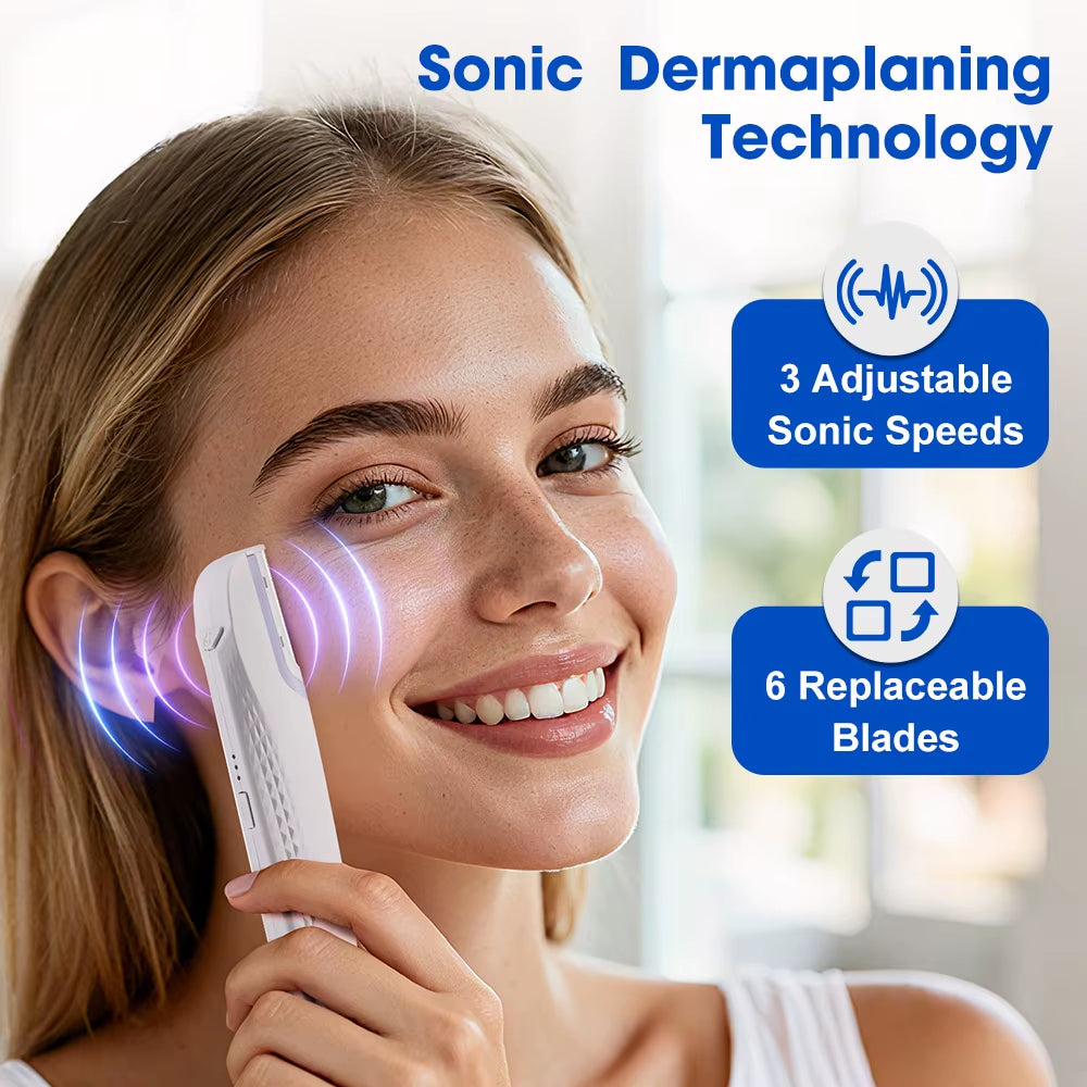 Sonic Lighted Electric Razor Shaver for Eyebrow Facial Hair Removal, Flawless Dermaplaning Tool with 6 Replacement Blades