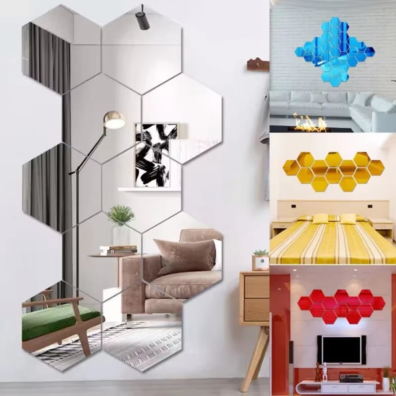 Hexagon Acrylic 3D Mirror Wall Sticker Home Decor DIY Self-Adhesive Mirror Decal Decor Stickers Art Wall Decoration Large 6/12Pc