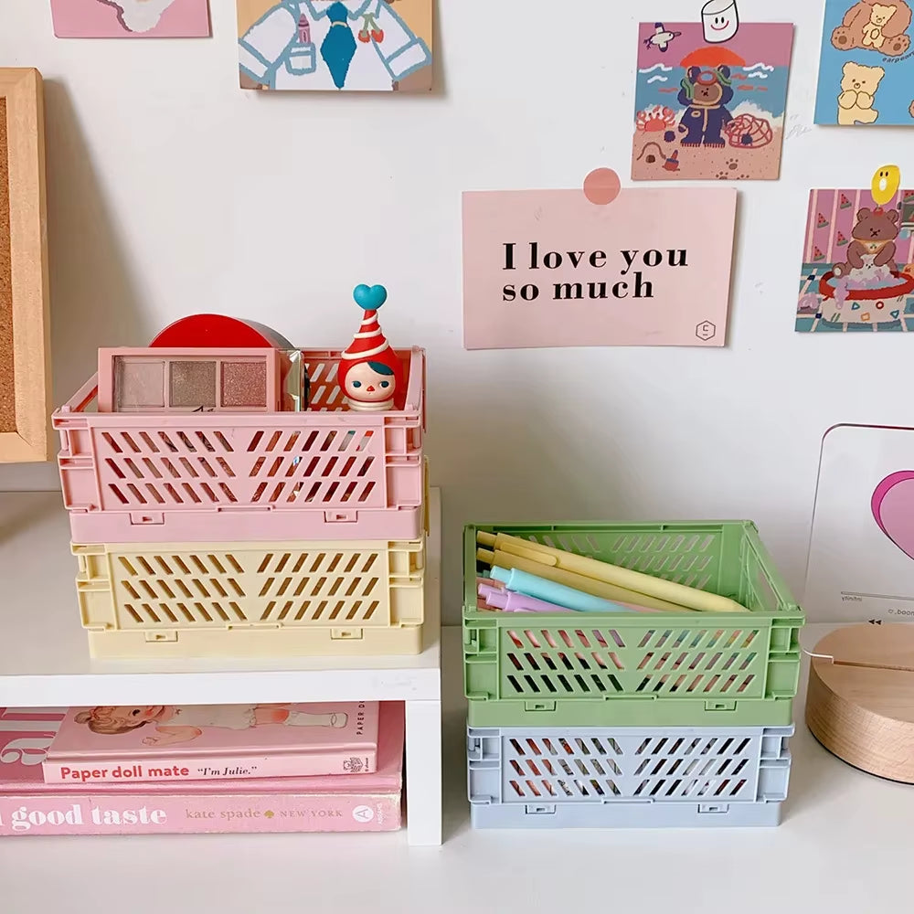 6 Color Organizing Storage Baskets Case Folding Student Desktop Basket Tape Stationery Plastic Foldable Container Storage Box
