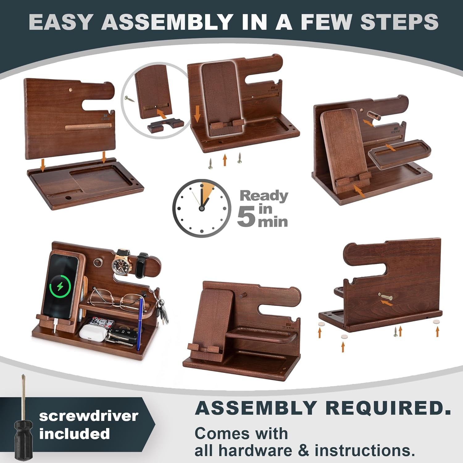 Gifts for Men Wood Phone Docking Station – Solid Ash Nightstand Organizer with Key Holder, Wallet &amp; Watch Stand, Wooden Desk Organizer for Husband Boyfriend Dad Birthday Gift (Brown)