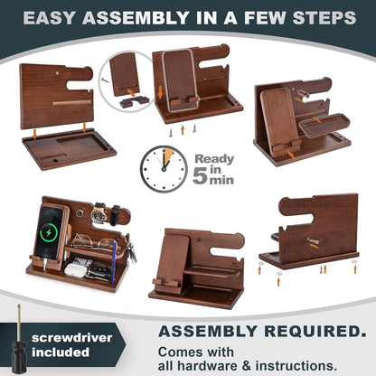 Gifts for Men Wood Phone Docking Station – Solid Ash Nightstand Organizer with Key Holder, Wallet &amp; Watch Stand, Wooden Desk Organizer for Husband Boyfriend Dad Birthday Gift (Brown)