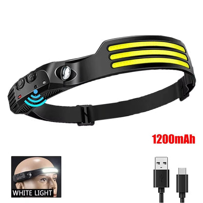 USB Rechargeable COB LED Induction Headlamp with 1200Mah Built-In Battery Head Flashlight Outdoor Camping Fishing Head Lantern