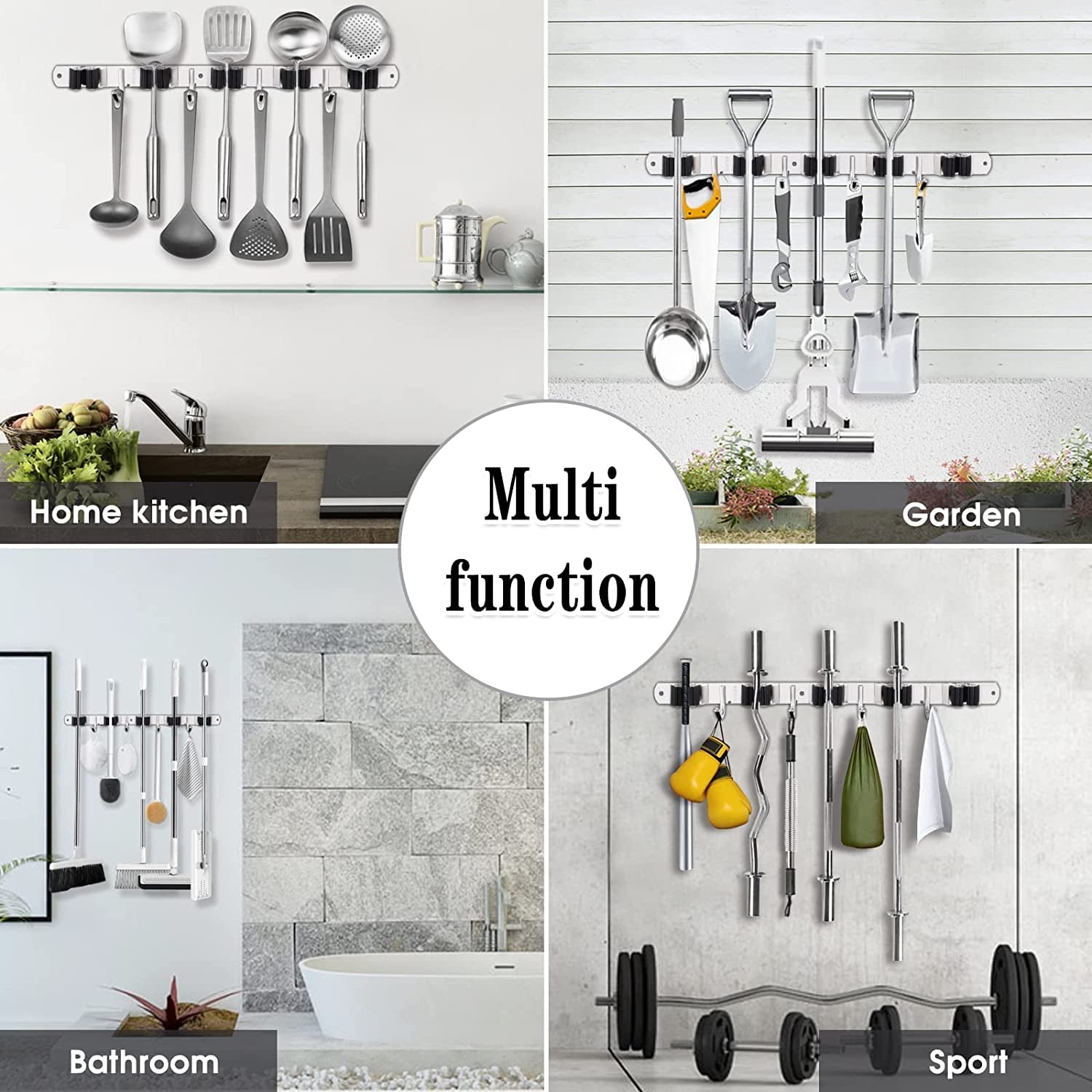 5 Holders+4 Hooks Broom Holder Wall Mounted with Nails Installation, Heavy Duty Stainless Steel Mop Holder, Brush Mop and Broom Storage Self Adhesive