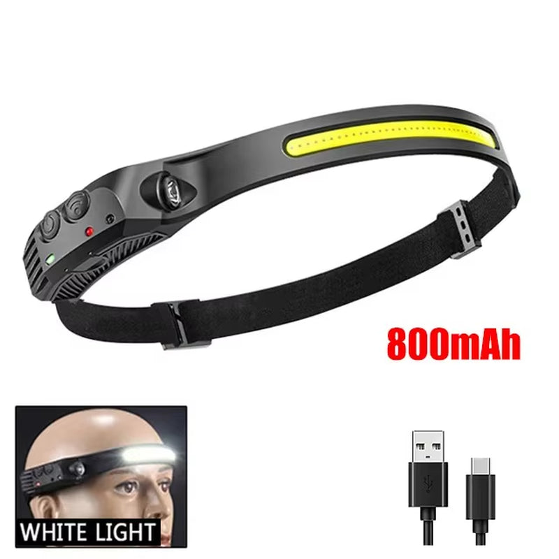 USB Rechargeable COB LED Induction Headlamp with 1200Mah Built-In Battery Head Flashlight Outdoor Camping Fishing Head Lantern