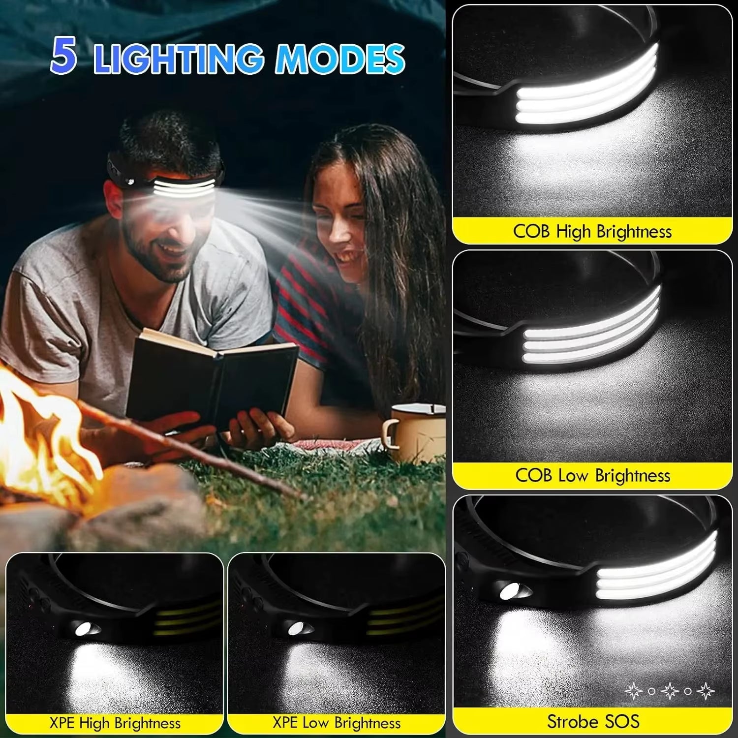 USB Rechargeable COB LED Induction Headlamp with 1200Mah Built-In Battery Head Flashlight Outdoor Camping Fishing Head Lantern