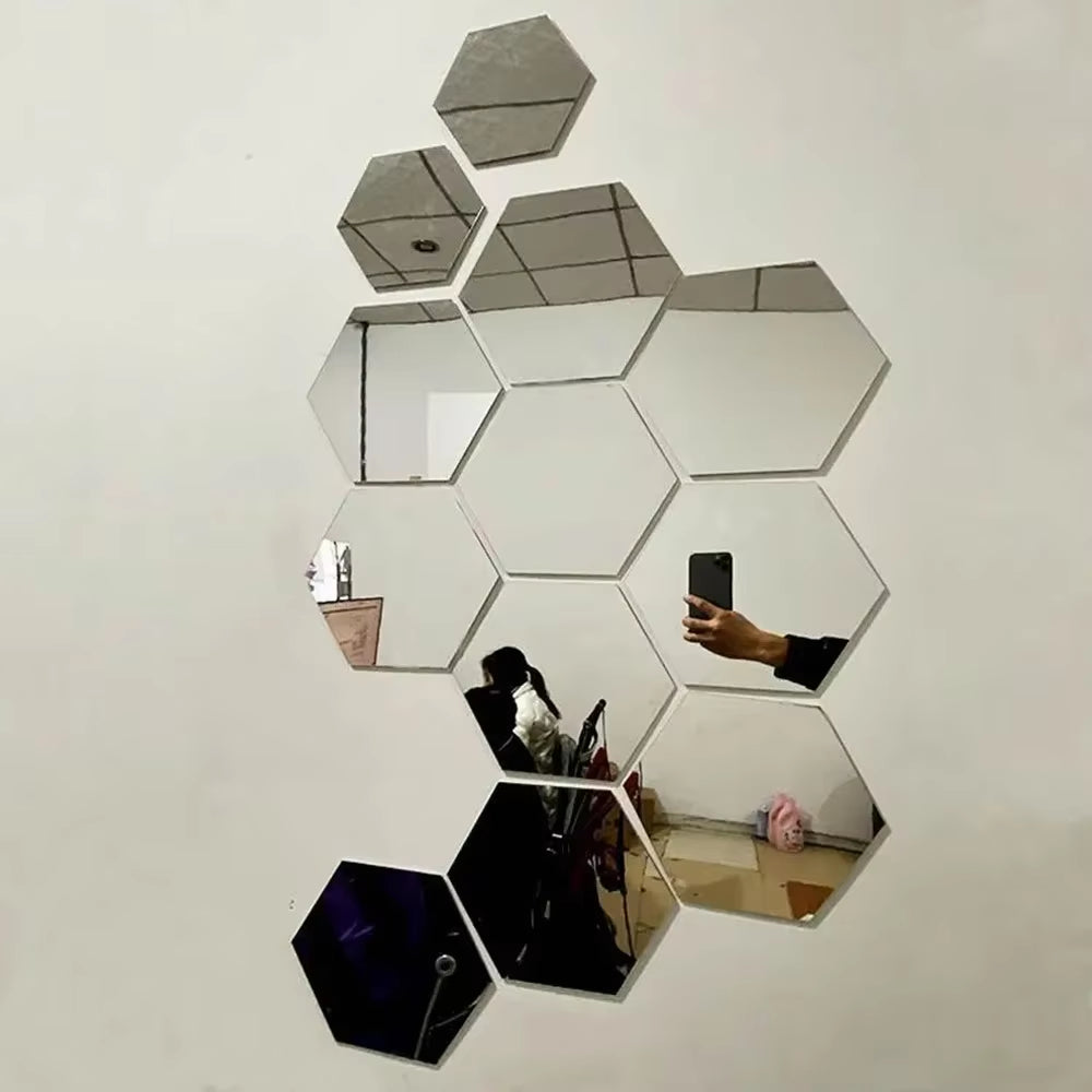 Hexagon Acrylic 3D Mirror Wall Sticker Home Decor DIY Self-Adhesive Mirror Decal Decor Stickers Art Wall Decoration Large 6/12Pc