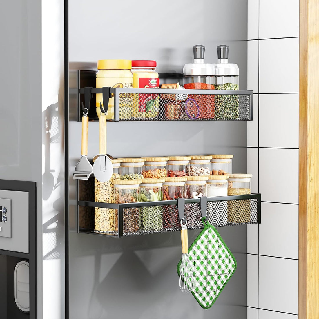 Magnetic Spice Rack for Refrigerator, 2 Pack Magnetic Shelf, Fridge Magnet Organizer with Moveable 4 Hooks, Magnet Fridge Shelf for Kitchen Organization and Storage (2 Pack)