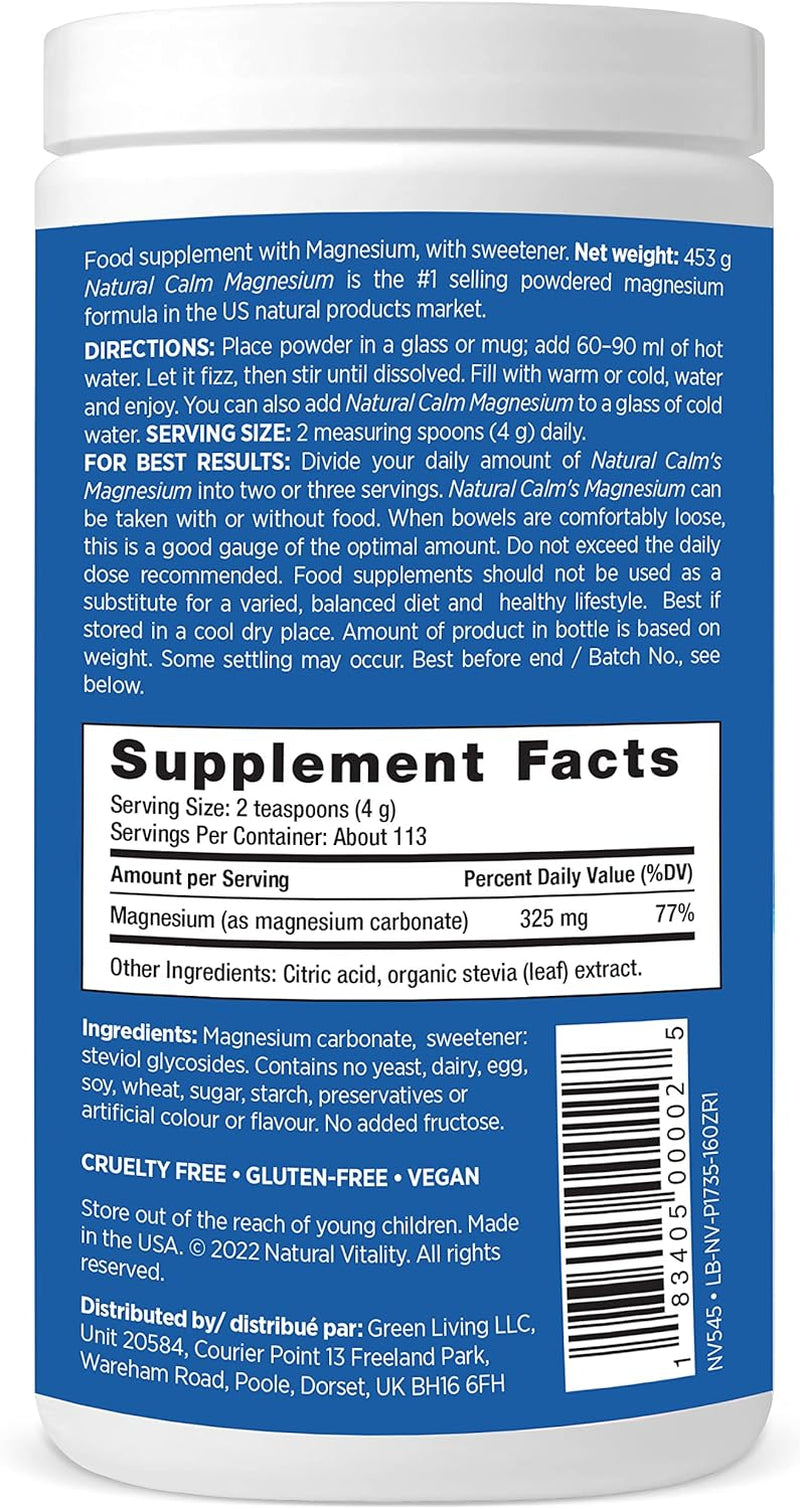 Natural Calm - RLS - Restless Legs - Relaxation - Stress - Muscle Cramps - Tension - Unwind - Amazing Taste - Unflavored - 453 Grams