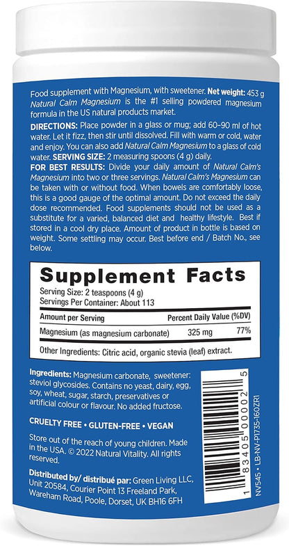 Natural Calm - RLS - Restless Legs - Relaxation - Stress - Muscle Cramps - Tension - Unwind - Amazing Taste - Unflavored - 453 Grams