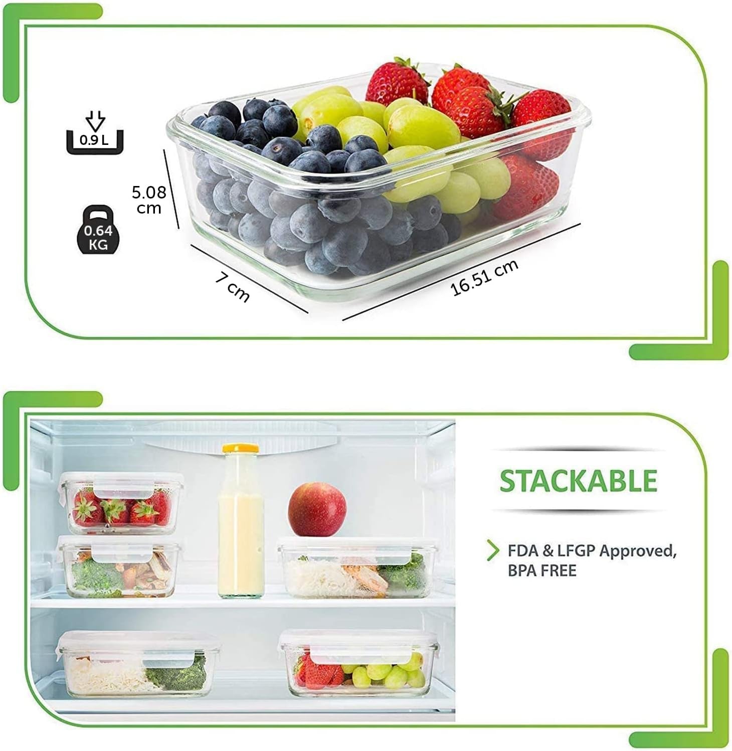 [5-Pack] Food Prep &amp; Storage Glass Containers with Lids - Airtight Glass Meal Prep Containers Reusable (880 Millilitres - 1 Compartment)
