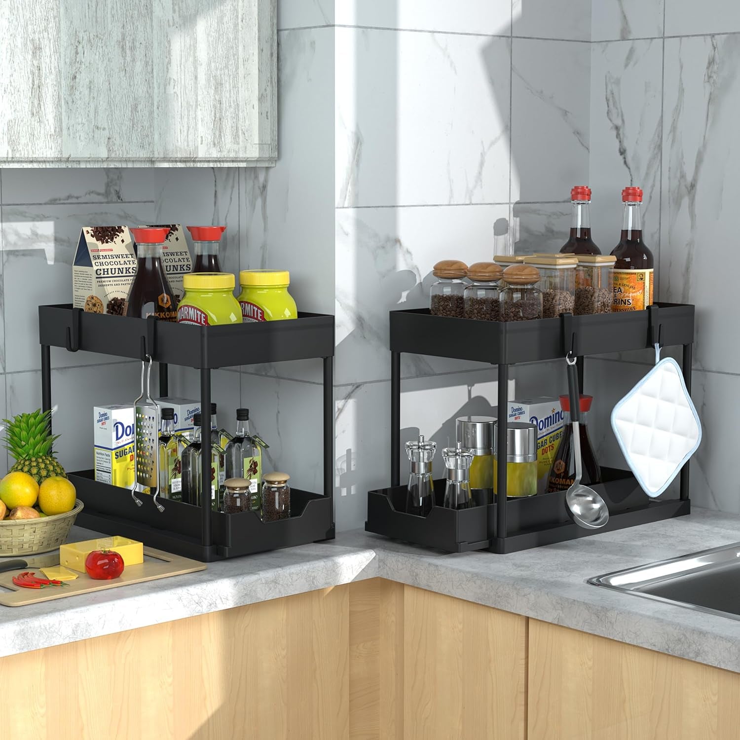 under Sink Storage 2 Pack, 2 Tier Sliding Organiser, Multi-Purpose Shelf Organiser, Pull Out Cabinet Basket Drawer (Black)