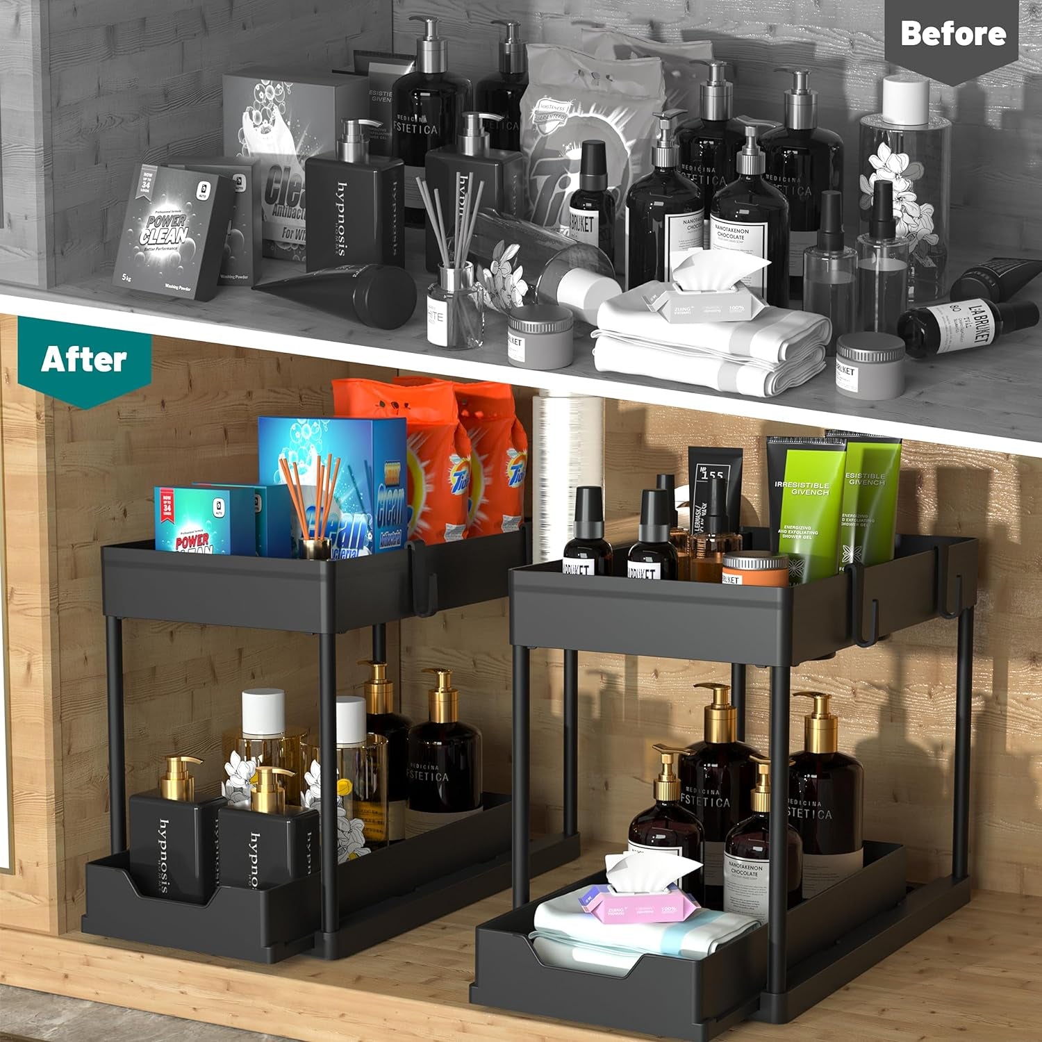under Sink Storage 2 Pack, 2 Tier Sliding Organiser, Multi-Purpose Shelf Organiser, Pull Out Cabinet Basket Drawer (Black)