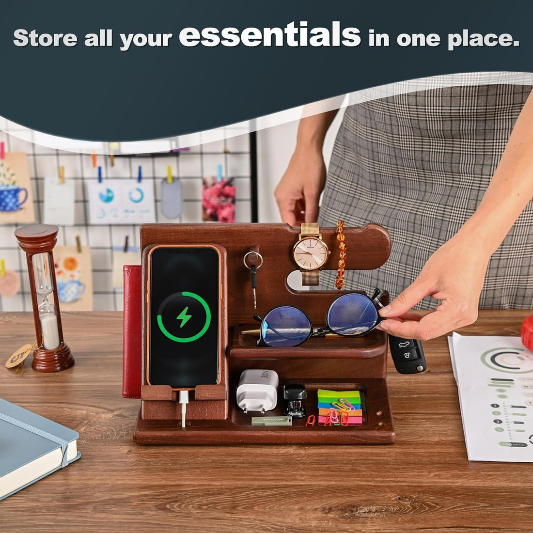 Gifts for Men Wood Phone Docking Station – Solid Ash Nightstand Organizer with Key Holder, Wallet &amp; Watch Stand, Wooden Desk Organizer for Husband Boyfriend Dad Birthday Gift (Brown)