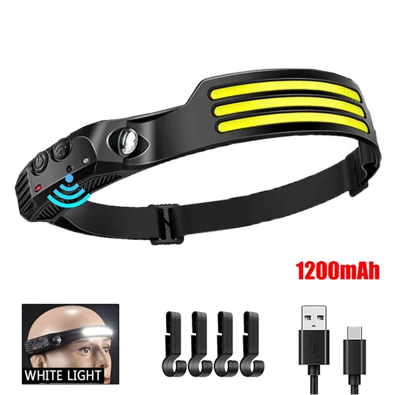 USB Rechargeable COB LED Induction Headlamp with 1200Mah Built-In Battery Head Flashlight Outdoor Camping Fishing Head Lantern