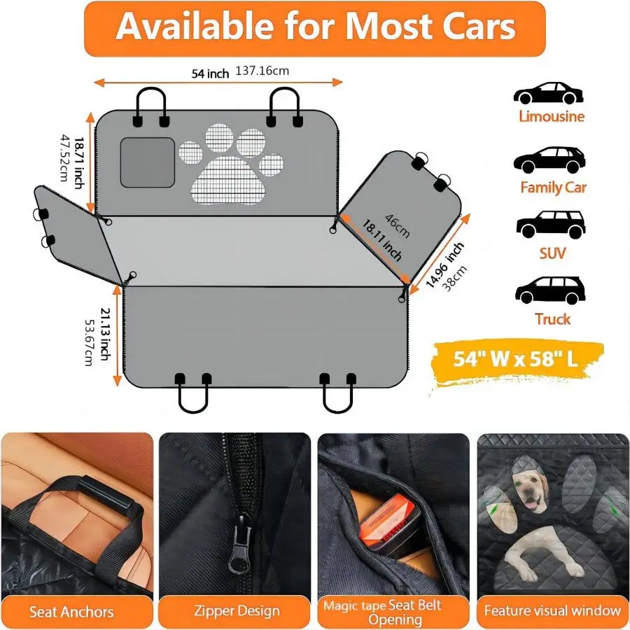 Dog Car Seat Cover for Back Seat, 100% Waterproof Dog Car Hammock with Visual Mesh Window and Side Zipper Car Seat &amp; Door Protec