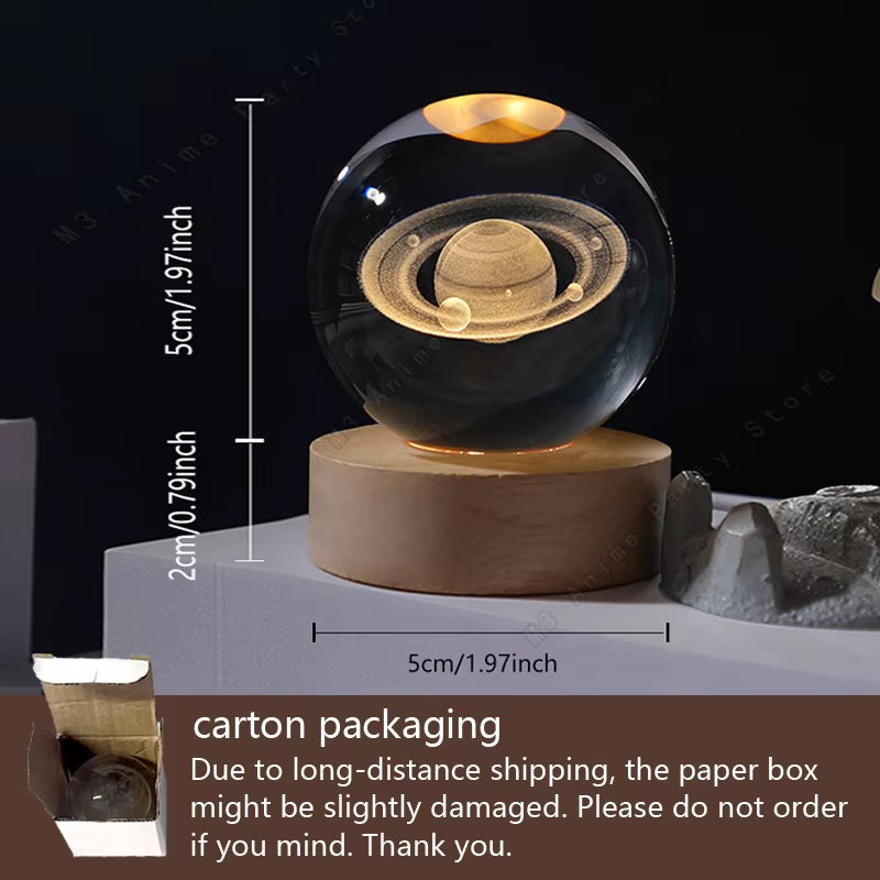 Unique 3D Crystal Ball Night Light Led Lamp Bedside Table Glowing Galaxy Lamp Saturn Planets Moon Children Birthday Gift Toy 5Cm