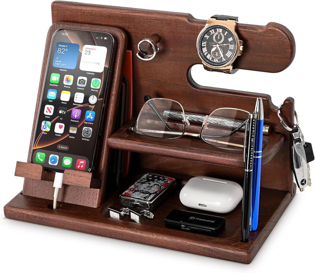 Gifts for Men Wood Phone Docking Station – Solid Ash Nightstand Organizer with Key Holder, Wallet &amp; Watch Stand, Wooden Desk Organizer for Husband Boyfriend Dad Birthday Gift (Brown)