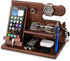 Gifts for Men Wood Phone Docking Station – Solid Ash Nightstand Organizer with Key Holder, Wallet & Watch Stand, Wooden Desk Organizer for Husband Boyfriend Dad Birthday Gift (Brown)