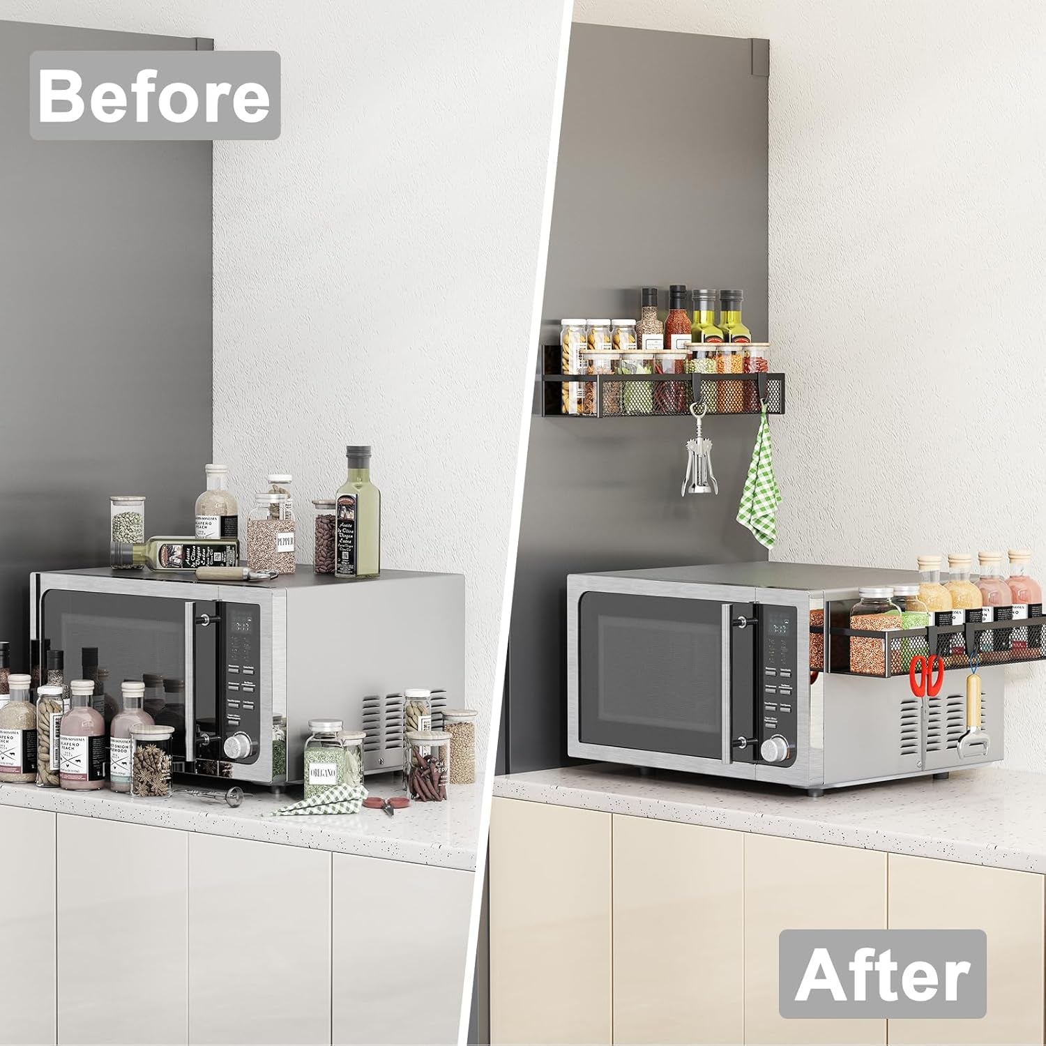 Magnetic Spice Rack for Refrigerator, 2 Pack Magnetic Shelf, Fridge Magnet Organizer with Moveable 4 Hooks, Magnet Fridge Shelf for Kitchen Organization and Storage (2 Pack)