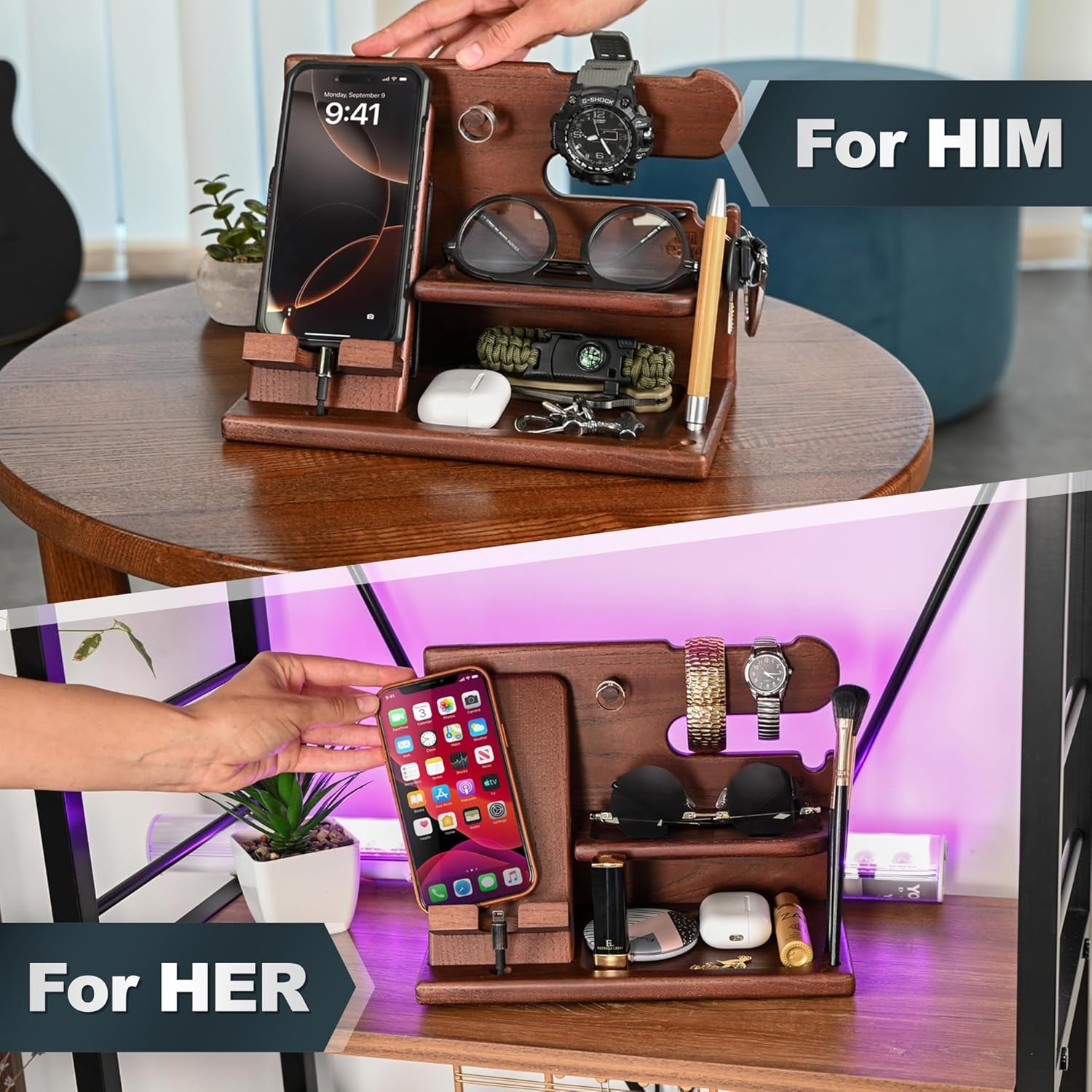 Gifts for Men Wood Phone Docking Station – Solid Ash Nightstand Organizer with Key Holder, Wallet &amp; Watch Stand, Wooden Desk Organizer for Husband Boyfriend Dad Birthday Gift (Brown)