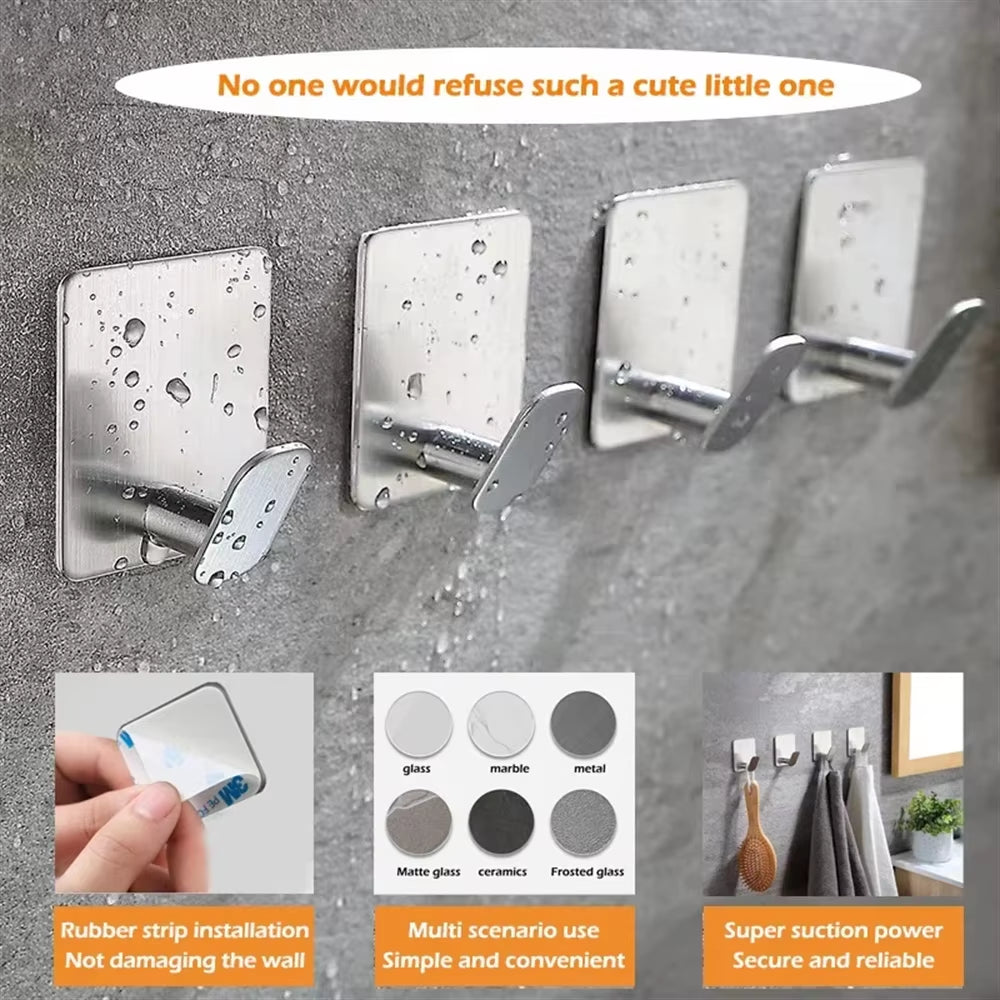 4/1Pcs Stainless Steel Bathroom Robe Hooks Adhesive Wall Hook Towel Holder Bathroom Kitchen Hardware Multi-Purpose Hanger Hook
