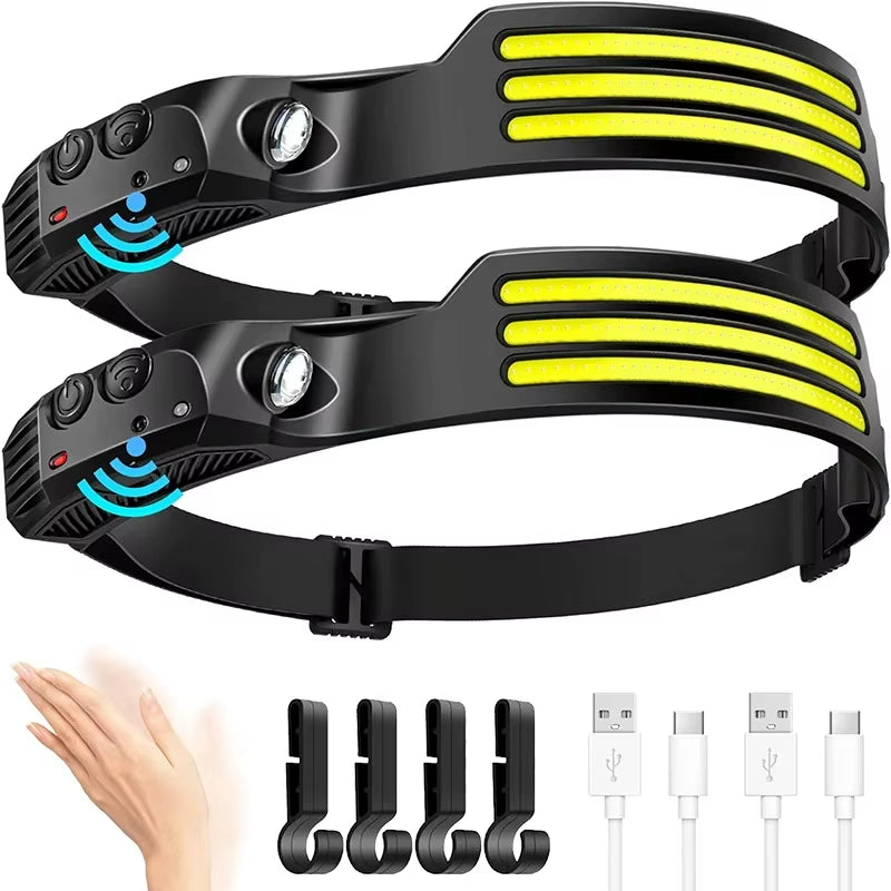 USB Rechargeable COB LED Induction Headlamp with 1200Mah Built-In Battery Head Flashlight Outdoor Camping Fishing Head Lantern