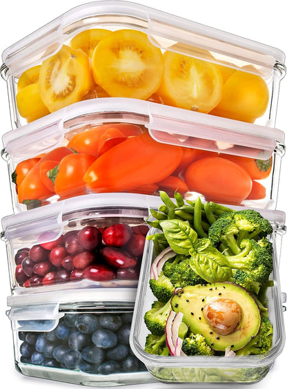 [5-Pack] Food Prep &amp; Storage Glass Containers with Lids - Airtight Glass Meal Prep Containers Reusable (880 Millilitres - 1 Compartment)