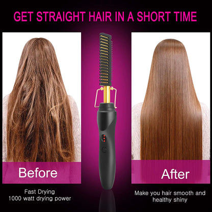 2 In1 Hot Comb Hair Straightener Electric Heating Comb Fast Heating Portable Travel Anti-Scald Beard Straightener Press Comb