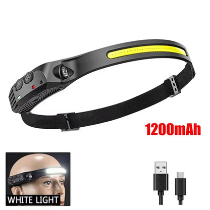 USB Rechargeable COB LED Induction Headlamp with 1200Mah Built-In Battery Head Flashlight Outdoor Camping Fishing Head Lantern