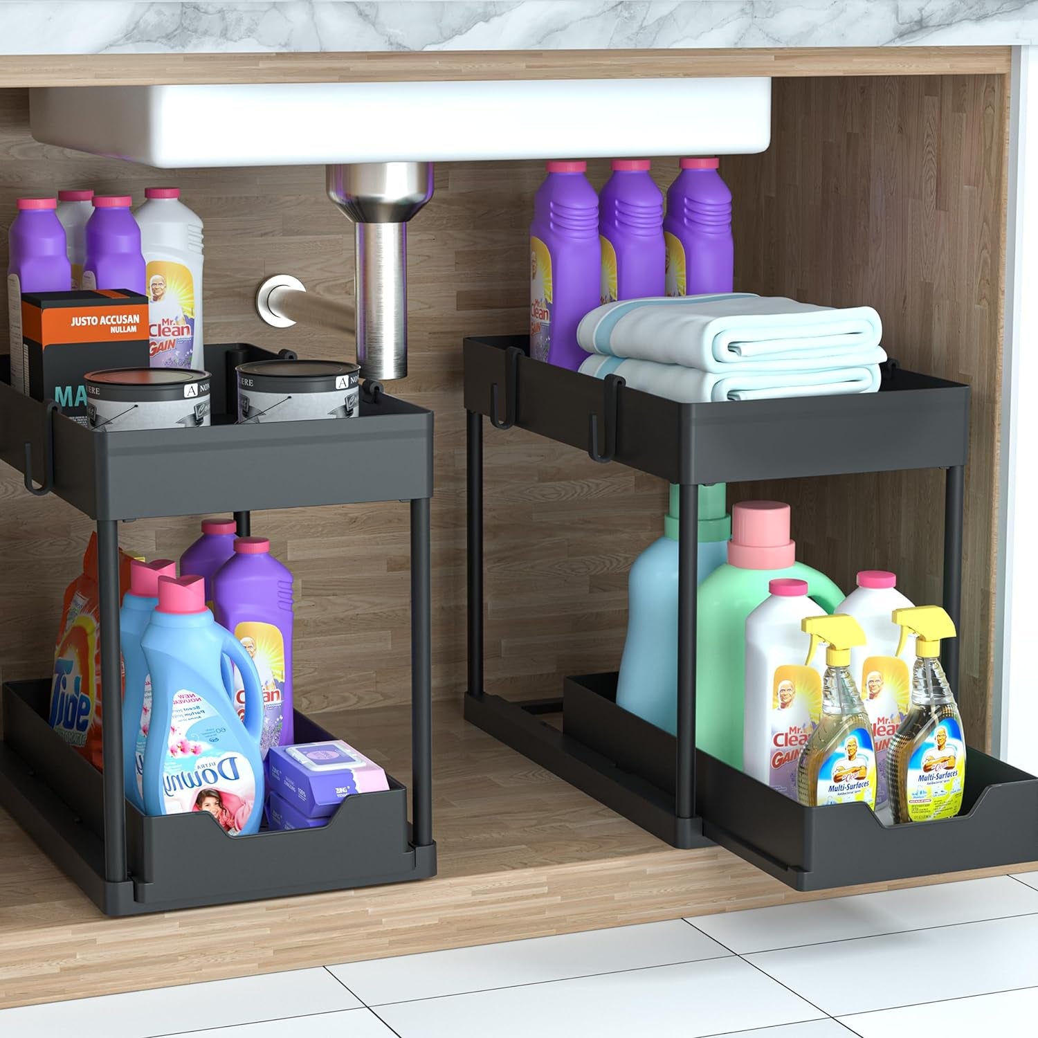under Sink Storage 2 Pack, 2 Tier Sliding Organiser, Multi-Purpose Shelf Organiser, Pull Out Cabinet Basket Drawer (Black)