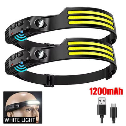 USB Rechargeable COB LED Induction Headlamp with 1200Mah Built-In Battery Head Flashlight Outdoor Camping Fishing Head Lantern
