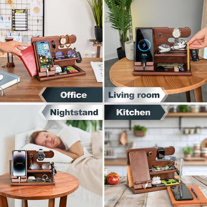 Gifts for Men Wood Phone Docking Station – Solid Ash Nightstand Organizer with Key Holder, Wallet &amp; Watch Stand, Wooden Desk Organizer for Husband Boyfriend Dad Birthday Gift (Brown)