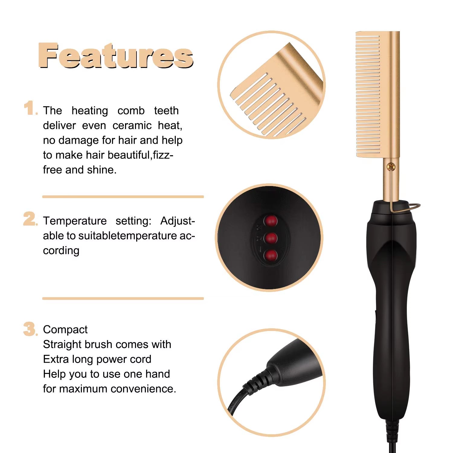2 In1 Hot Comb Hair Straightener Electric Heating Comb Fast Heating Portable Travel Anti-Scald Beard Straightener Press Comb