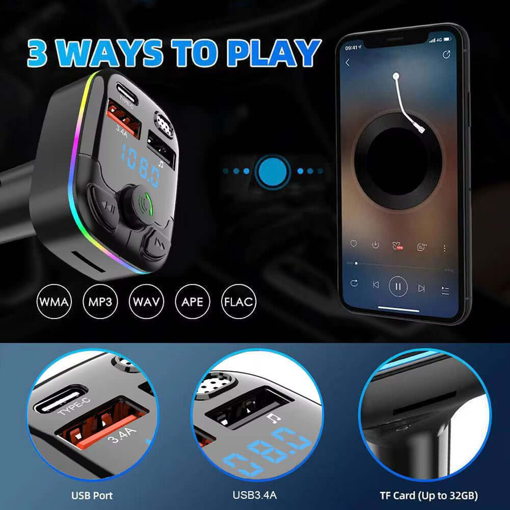 Bluetooth 5.0 Car FM Transmitter PD Type-C Dual USB Ambient Player Handsfree MP3 Charger Type-C Wireless Light PD QC3.0 Adapter